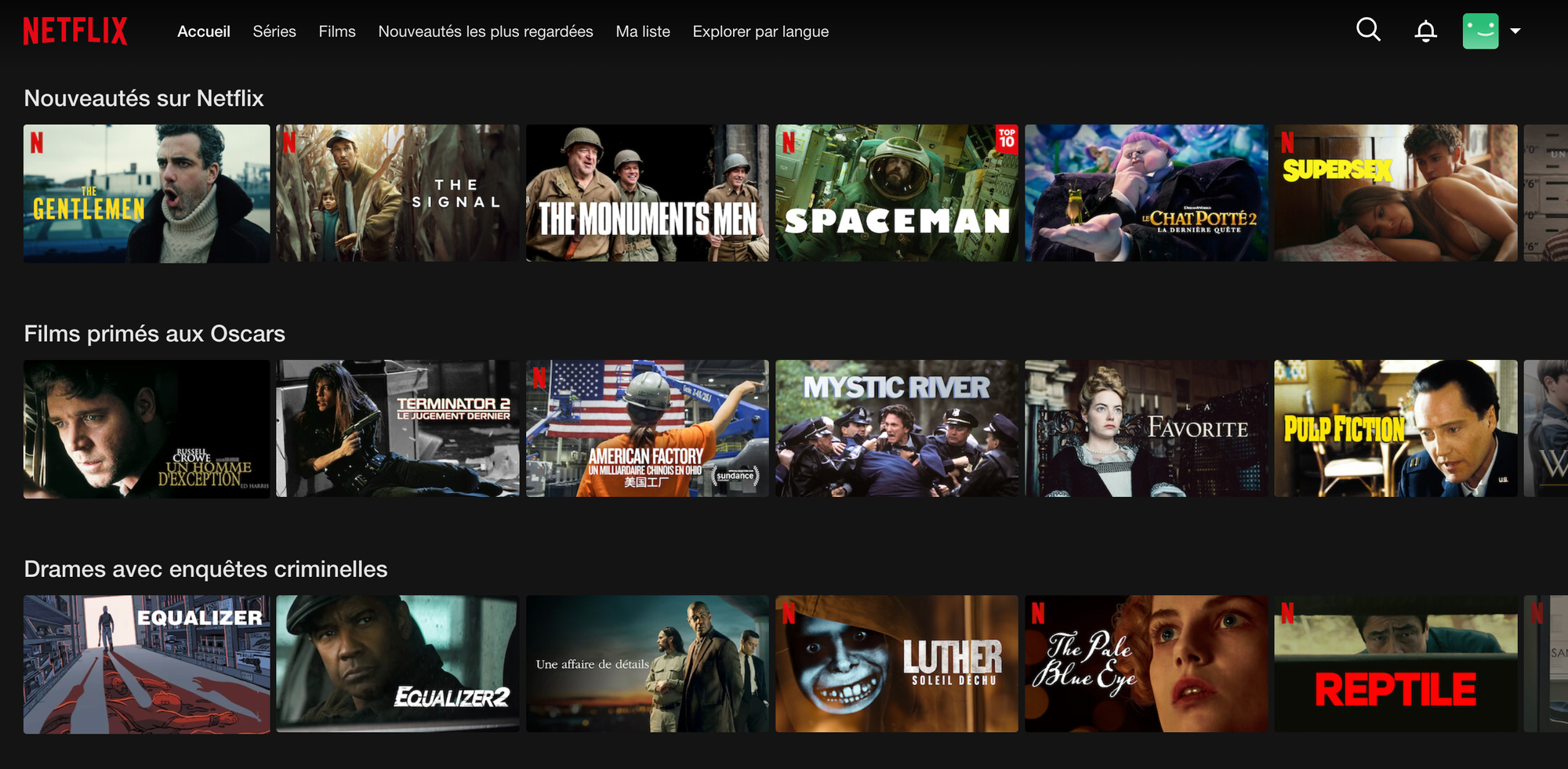 Capture d'écran des menus de Netflix