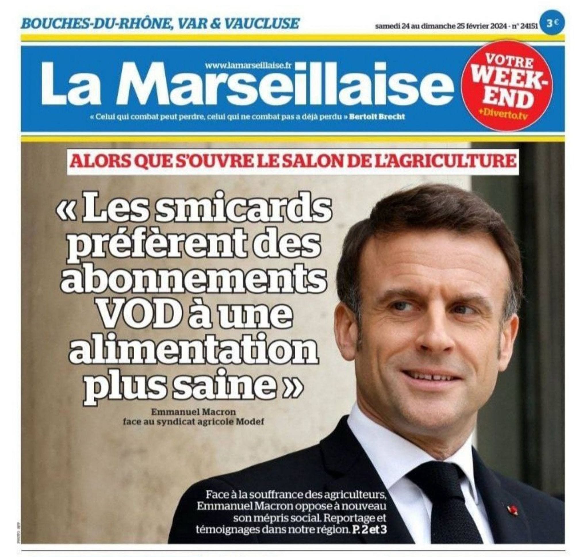 Une du quotidien régional La Marseillaise du 24 février dernier avec la citation d'Emmanuel Macron en Une