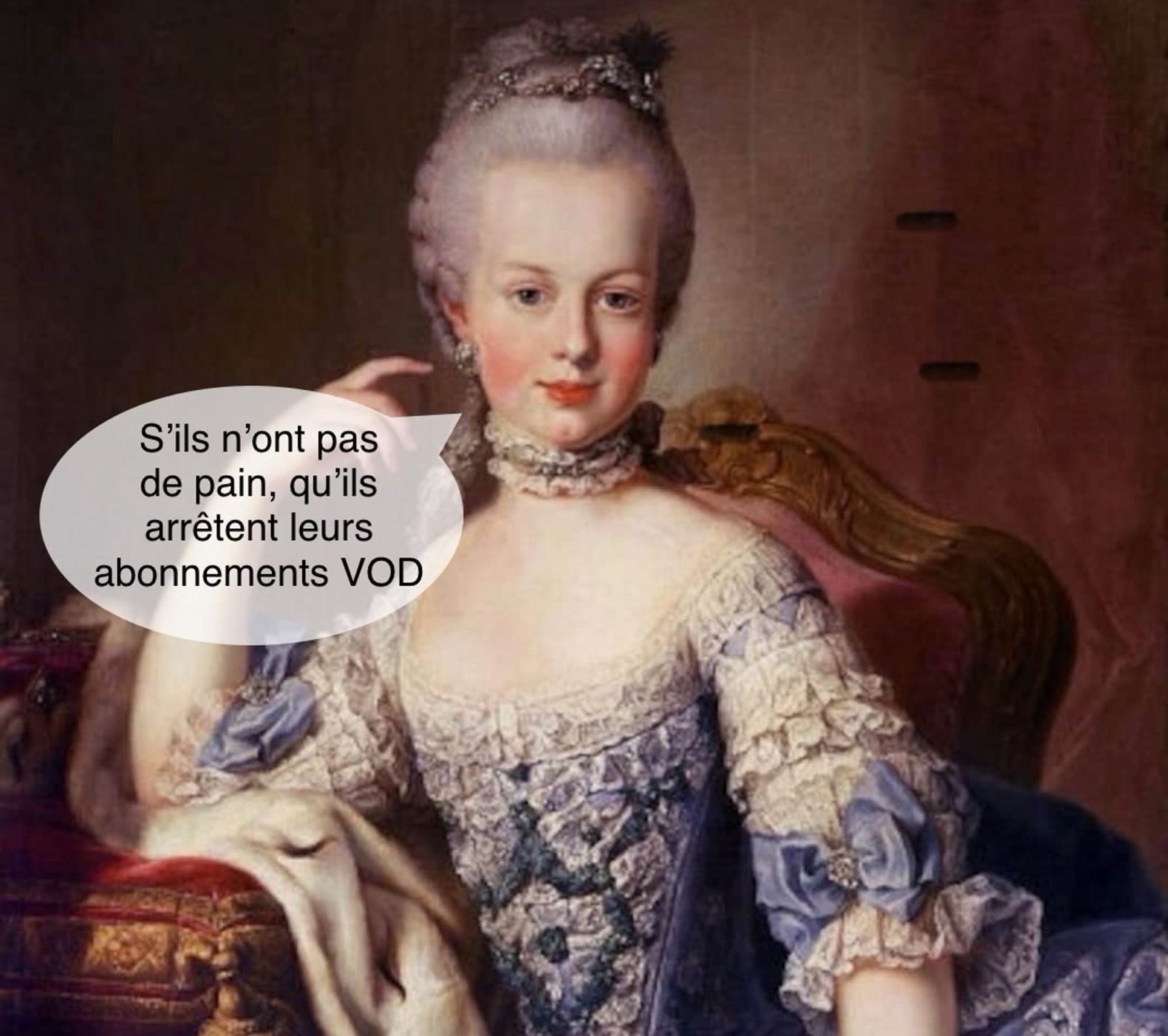 Meme représentant Marie-Antoinette, et sa célèbre citation pâtissière, légèrement détournée : "S'ils n'ont pas de pain, qu'ils arrêtent leurs abonnements VOD" 
