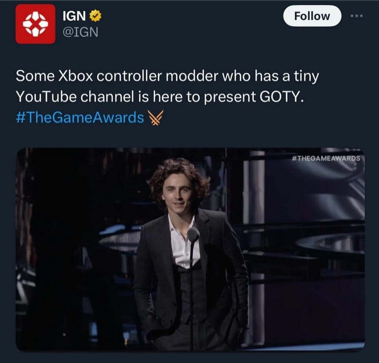 Image de Timothée Chalamet aux Game Awards 2023 - Tweet d'IGN 