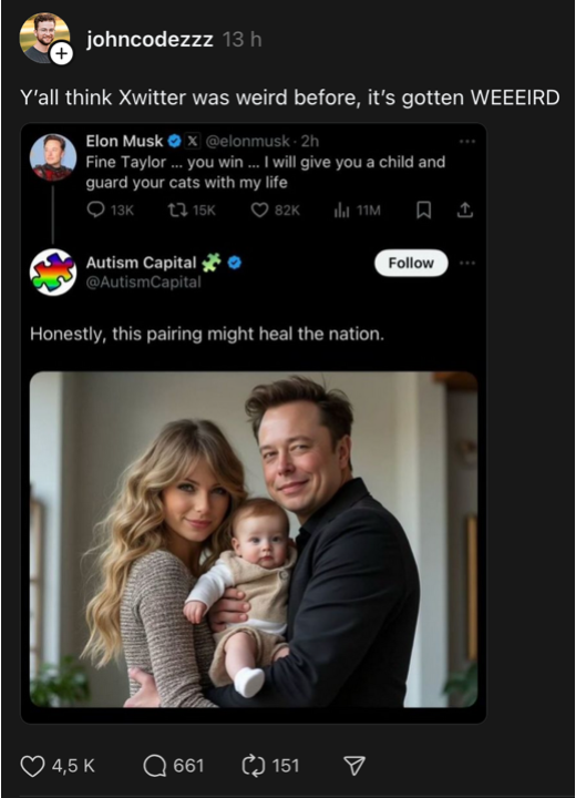 Extrait d'un tweet de Musk proposant de faire un enfant à Taylor Swift...