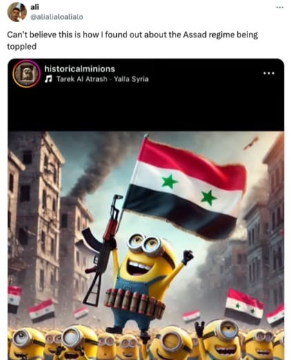 Un post X où un utilisateur partager une story Instagram montrant des minions (les persos de dessinés animés) fêter la chute d'Assad, kalash et drapeaux en mains"