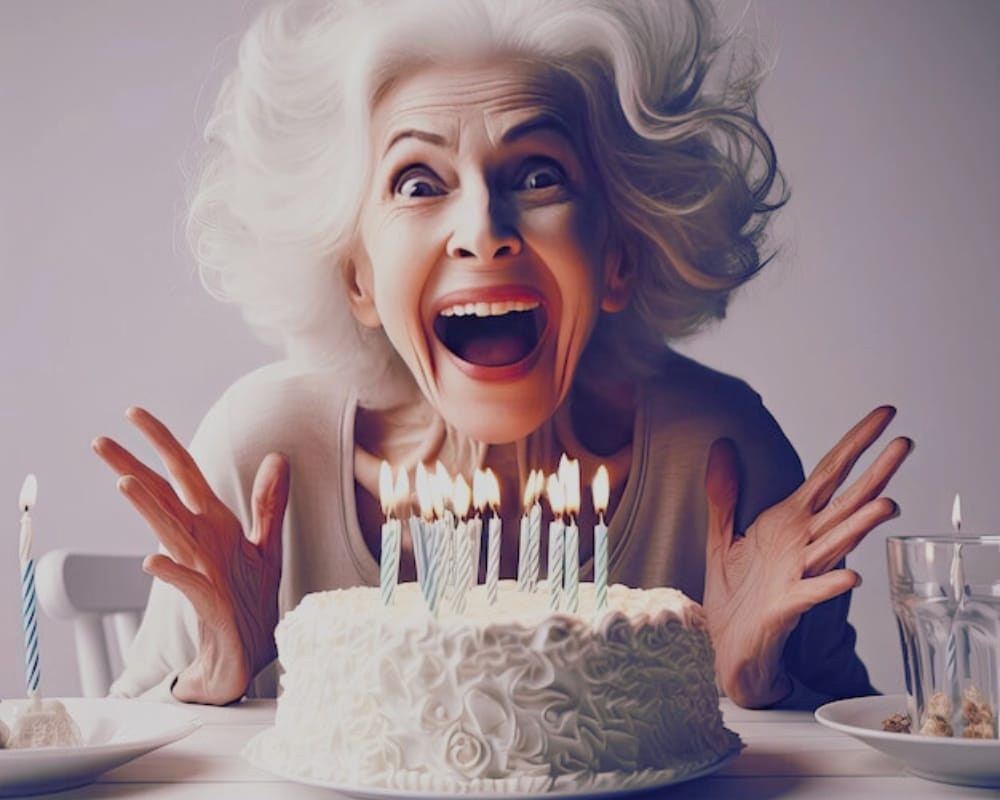 Creepy AI grandma in front of a birthday cake